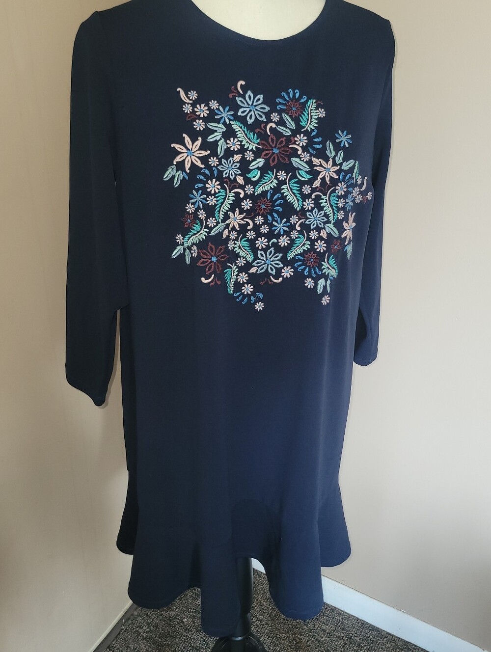 LOFT Navy Midi Dress with Pastel Floral Embroidery